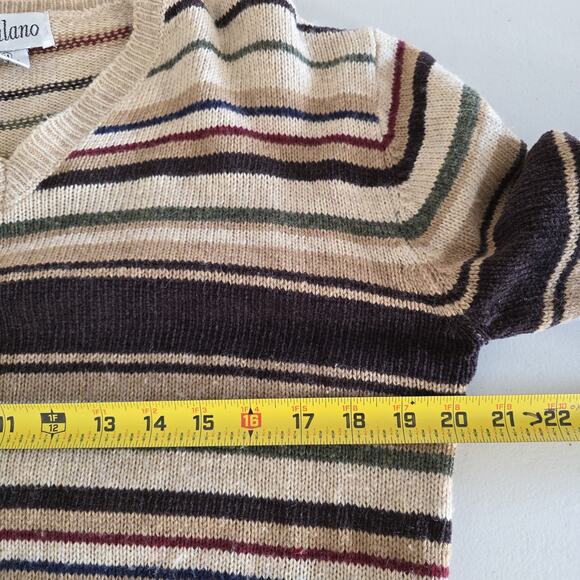 Vtg Striped Vneck Sweater Womens M Brown Wool Blend 70s Bohemian Neutral Minimal - Picture 8 of 9